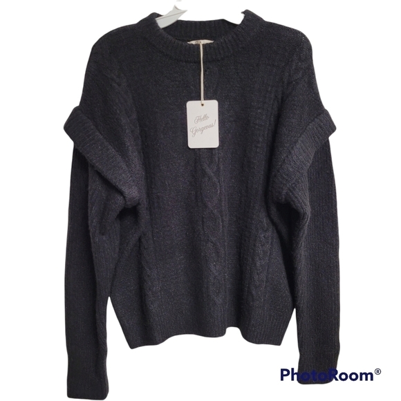 Elan Black Ruffle Drop Shoulder Long Sleeve Cable Knit Sweater Size Medium - Picture 7 of 8